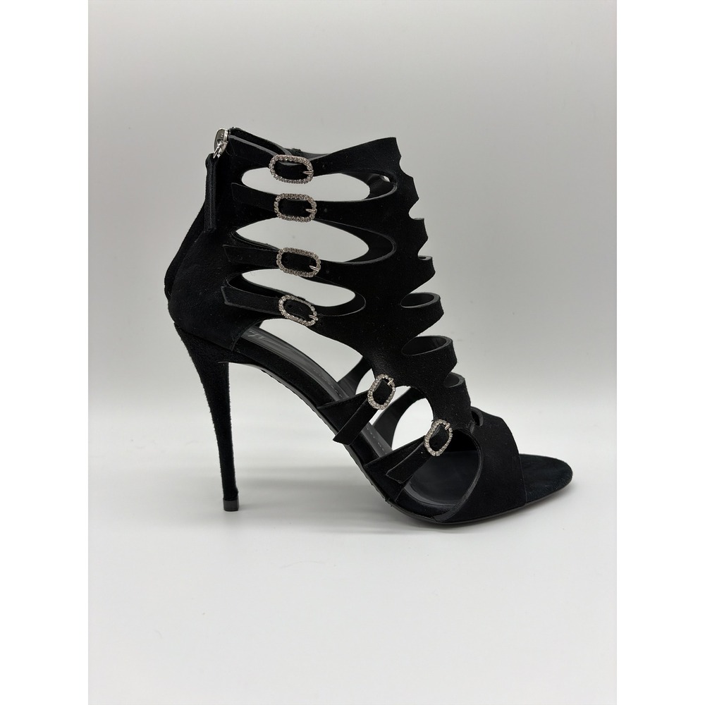 Giuseppe Zanotti Black Suede Cage Sandals Crystal Buckle Strappy Heels Womens 38